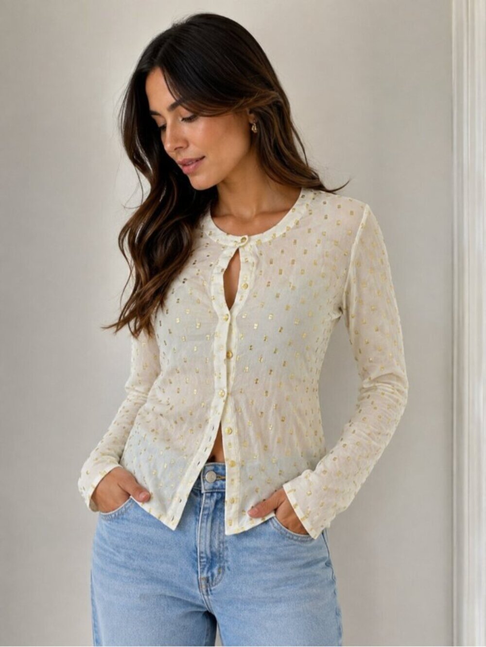 Madison Marcus Silk Blouse XS Ivory Gold Metallic Button Front Top 0804